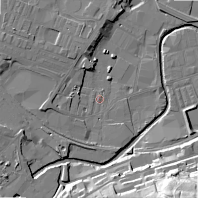 Shaded relief map of the ground around BD214JF, computed from Environment Agency LiDAR. The ground here sits at about 93 m above sea level and falls 52 m across the surrounding 800 m. Surface water reaching this point runs off ground lying to the south-west, 2.1 m higher.