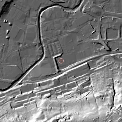 Shaded relief map of the ground around BD214JH, computed from Environment Agency LiDAR. The ground here sits at about 90 m above sea level and falls 85 m across the surrounding 800 m. Surface water reaching this point runs off ground lying to the west-south-west, 5.9 m higher.