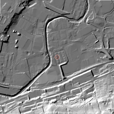 Shaded relief map of the ground around BD214JP, computed from Environment Agency LiDAR. The ground here sits at about 91 m above sea level and falls 69 m across the surrounding 800 m. Surface water reaching this point runs off ground lying to the south, 12.8 m higher.