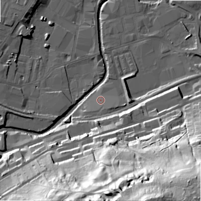 Shaded relief map of the ground around BD214JQ, computed from Environment Agency LiDAR. The ground here sits at about 93 m above sea level and falls 97 m across the surrounding 800 m. Surface water reaching this point runs off ground lying to the south-east, 3.7 m higher.