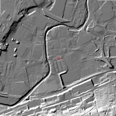 Shaded relief map of the ground around BD214JR, computed from Environment Agency LiDAR. The ground here sits at about 90 m above sea level and falls 55 m across the surrounding 800 m. Surface water reaching this point runs off ground lying to the south, 12.9 m higher.