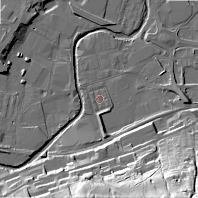 Shaded relief map of the ground around BD214JS, computed from Environment Agency LiDAR. The ground here sits at about 91 m above sea level and falls 71 m across the surrounding 800 m. Surface water reaching this point runs off ground lying to the south, 12.8 m higher.