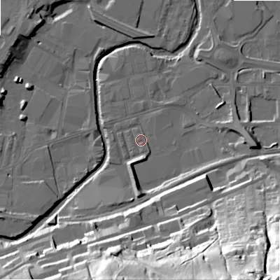 Shaded relief map of the ground around BD214JT, computed from Environment Agency LiDAR. The ground here sits at about 91 m above sea level and falls 72 m across the surrounding 800 m. Surface water reaching this point runs off ground lying to the south-east, 1.4 m higher.