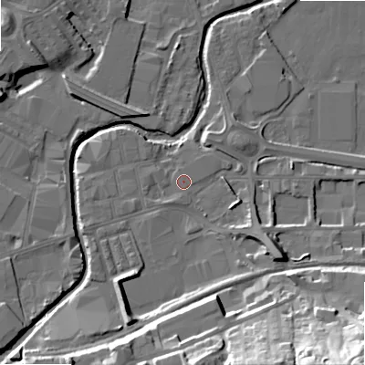 Shaded relief map of the ground around BD214JU, computed from Environment Agency LiDAR. The ground here sits at about 89 m above sea level and falls 42 m across the surrounding 800 m. Surface water reaching this point runs off ground lying to the west-south-west, 1.4 m higher.