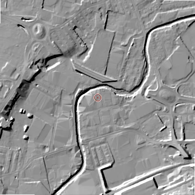 Shaded relief map of the ground around BD214JX, computed from Environment Agency LiDAR. The ground here sits at about 89 m above sea level and falls 20 m across the surrounding 800 m. Surface water reaching this point runs off ground lying to the south-west, 0.8 m higher.