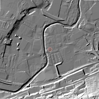 Shaded relief map of the ground around BD214JY, computed from Environment Agency LiDAR. The ground here sits at about 90 m above sea level and falls 51 m across the surrounding 800 m. Surface water reaching this point runs off ground lying to the west-south-west, 0.7 m higher.