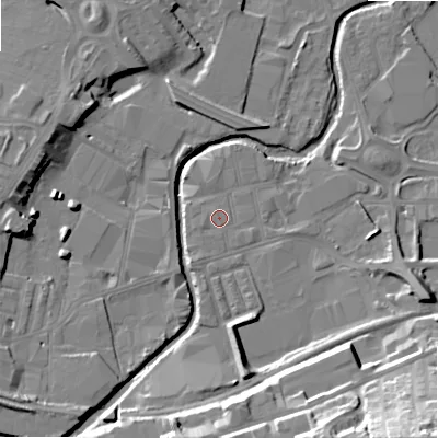 Shaded relief map of the ground around BD214LA, computed from Environment Agency LiDAR. The ground here sits at about 90 m above sea level and falls 36 m across the surrounding 800 m. Surface water reaching this point runs off ground lying to the west-south-west, 1.5 m higher.
