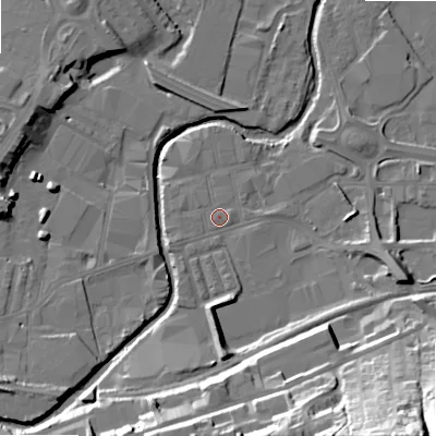 Shaded relief map of the ground around BD214LD, computed from Environment Agency LiDAR. The ground here sits at about 90 m above sea level and falls 45 m across the surrounding 800 m. Surface water reaching this point runs off ground lying to the west-south-west, 1.5 m higher.