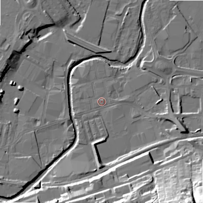 Shaded relief map of the ground around BD214LE, computed from Environment Agency LiDAR. The ground here sits at about 90 m above sea level and falls 49 m across the surrounding 800 m. Surface water reaching this point runs off ground lying to the west-south-west, 2.0 m higher.