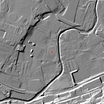 Shaded relief map of the ground around BD214LG, computed from Environment Agency LiDAR. The ground here sits at about 90 m above sea level and falls 38 m across the surrounding 800 m. Surface water reaching this point runs off ground lying to the south-south-west, 1.4 m higher.