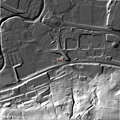 Shaded relief map of the ground around BD214LJ, computed from Environment Agency LiDAR. The ground here sits at about 91 m above sea level and falls 82 m across the surrounding 800 m. Surface water reaching this point runs off ground lying to the east, 6.8 m higher.