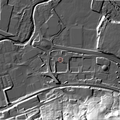 Shaded relief map of the ground around BD214LR, computed from Environment Agency LiDAR. The ground here sits at about 88 m above sea level and falls 57 m across the surrounding 800 m. Surface water reaching this point runs off ground lying to the south-south-west, 6.3 m higher.