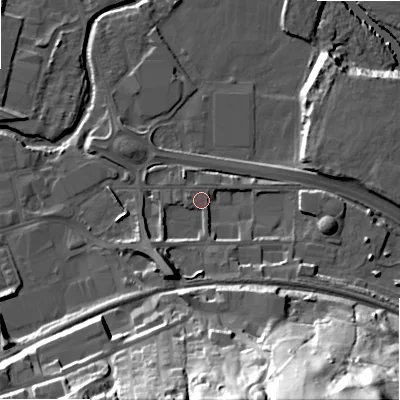 Shaded relief map of the ground around BD214LS, computed from Environment Agency LiDAR. The ground here sits at about 88 m above sea level and falls 58 m across the surrounding 800 m. Surface water reaching this point runs off ground lying to the south-south-east, 42.0 m higher.