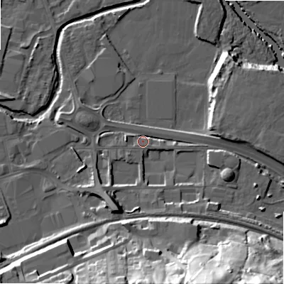 Shaded relief map of the ground around BD214LW, computed from Environment Agency LiDAR. The ground here sits at about 87 m above sea level and falls 45 m across the surrounding 800 m. Surface water reaching this point runs off ground lying to the south-south-east, 32.7 m higher.