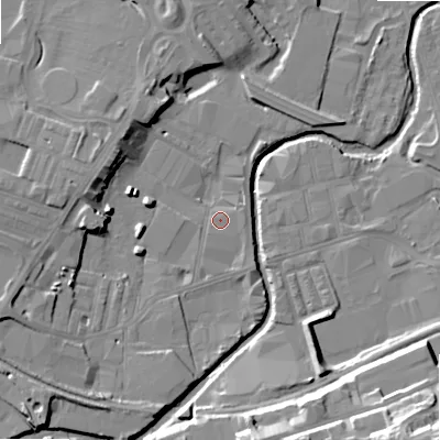 Shaded relief map of the ground around BD214NS, computed from Environment Agency LiDAR. The ground here sits at about 90 m above sea level and falls 32 m across the surrounding 800 m. Surface water reaching this point runs off ground lying to the south-west, 2.3 m higher.