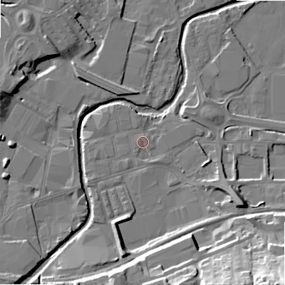Shaded relief map of the ground around BD214NY, computed from Environment Agency LiDAR. The ground here sits at about 89 m above sea level and falls 36 m across the surrounding 800 m. Surface water reaching this point runs off ground lying to the south-south-west, 1.4 m higher.