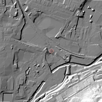 Shaded relief map of the ground around BD214PD, computed from Environment Agency LiDAR. The ground here sits at about 97 m above sea level and falls 71 m across the surrounding 800 m. Surface water reaching this point runs off ground lying to the west, 13.4 m higher.