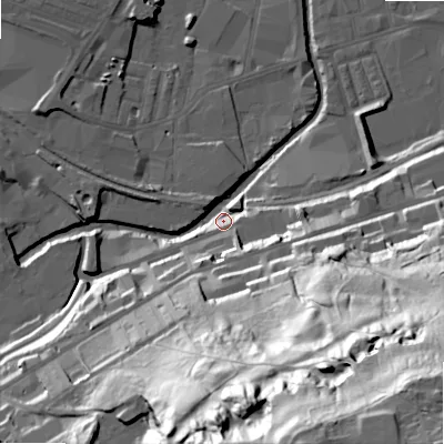 Shaded relief map of the ground around BD214PF, computed from Environment Agency LiDAR. The ground here sits at about 94 m above sea level and falls 104 m across the surrounding 800 m. Surface water reaching this point runs off ground lying to the south-south-east, 101.1 m higher.