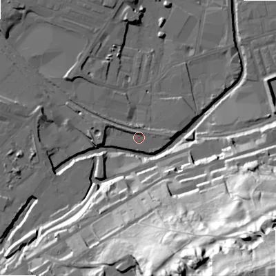 Shaded relief map of the ground around BD214PQ, computed from Environment Agency LiDAR. The ground here sits at about 95 m above sea level and falls 102 m across the surrounding 800 m. Surface water reaching this point runs off ground lying to the west-north-west, 4.8 m higher.