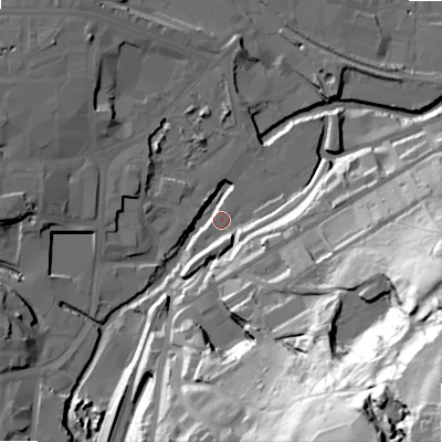 Shaded relief map of the ground around BD214US, computed from Environment Agency LiDAR. The ground here sits at about 98 m above sea level and falls 109 m across the surrounding 800 m. Surface water reaching this point runs off ground lying to the south-east, 94.6 m higher.
