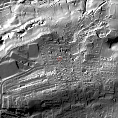 Shaded relief map of the ground around BD214UW, computed from Environment Agency LiDAR. The ground here sits at about 192 m above sea level and falls 123 m across the surrounding 800 m. Surface water reaching this point runs off ground lying to the south, 36.2 m higher.