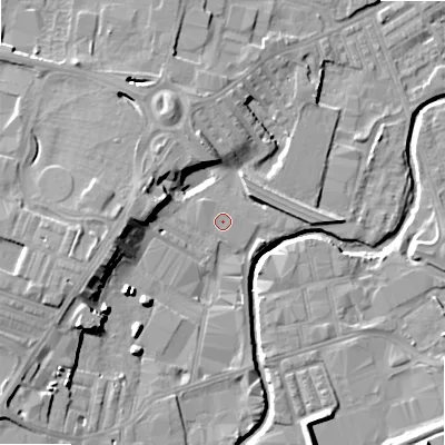 Shaded relief map of the ground around BD214YA, computed from Environment Agency LiDAR. The ground here sits at about 90 m above sea level and falls 16 m across the surrounding 800 m. The ground contributing surface water to this point lies to the north-west.