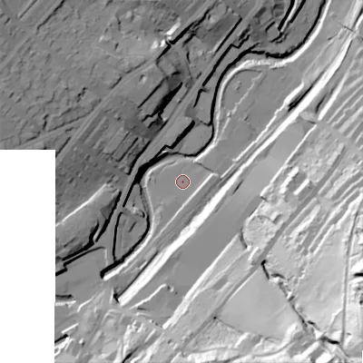 Shaded relief map of the ground around BD215AA, computed from Environment Agency LiDAR. The ground here sits at about 111 m above sea level and falls 95 m across the surrounding 800 m. Surface water reaching this point runs off ground lying to the south-south-west, 4.2 m higher.