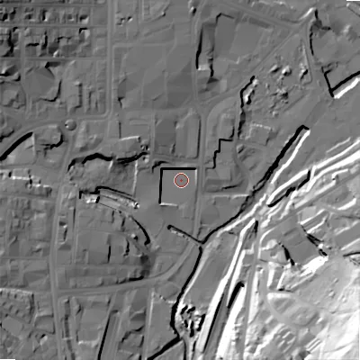 Shaded relief map of the ground around BD215AE, computed from Environment Agency LiDAR. The ground here sits at about 100 m above sea level and falls 79 m across the surrounding 800 m. Surface water reaching this point runs off ground lying to the north-west, 6.3 m higher.