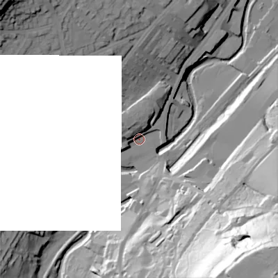 Shaded relief map of the ground around BD215AH, computed from Environment Agency LiDAR. The ground here sits at about 117 m above sea level and falls 101 m across the surrounding 800 m. Surface water reaching this point runs off ground lying to the north-west, 9.9 m higher.