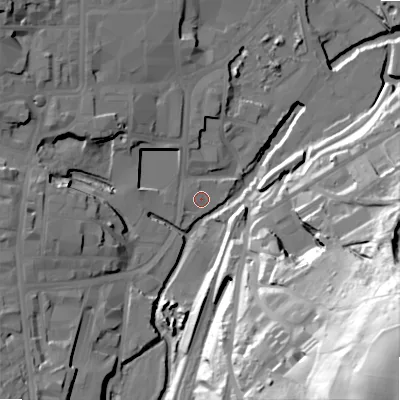 Shaded relief map of the ground around BD215AL, computed from Environment Agency LiDAR. The ground here sits at about 99 m above sea level and falls 92 m across the surrounding 800 m. Surface water reaching this point runs off ground lying to the west-south-west, 1.3 m higher.