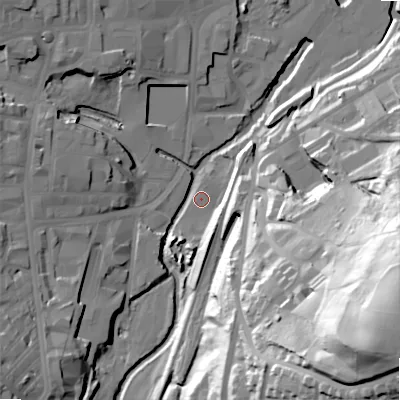 Shaded relief map of the ground around BD215AR, computed from Environment Agency LiDAR. The ground here sits at about 99 m above sea level and falls 91 m across the surrounding 800 m. Surface water reaching this point runs off ground lying to the south-west, 19.9 m higher.