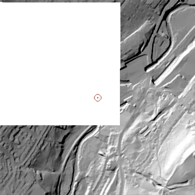 Shaded relief map of the ground around BD215AT, computed from Environment Agency LiDAR. and falls 96 m across the surrounding 800 m.