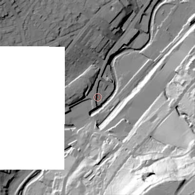 Shaded relief map of the ground around BD215AX, computed from Environment Agency LiDAR. The ground here sits at about 115 m above sea level and falls 102 m across the surrounding 800 m. Surface water reaching this point runs off ground lying to the north-north-west, 4.9 m higher.