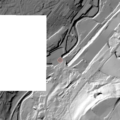 Shaded relief map of the ground around BD215DZ, computed from Environment Agency LiDAR. The ground here sits at about 117 m above sea level and falls 107 m across the surrounding 800 m. Surface water reaching this point runs off ground lying to the south, 52.5 m higher.