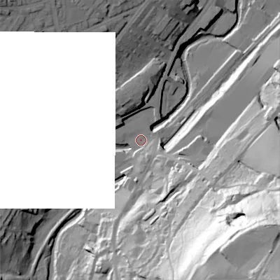 Shaded relief map of the ground around BD215EF, computed from Environment Agency LiDAR. The ground here sits at about 116 m above sea level and falls 108 m across the surrounding 800 m. Surface water reaching this point runs off ground lying to the south-south-east, 55.0 m higher.