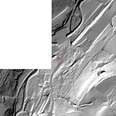 Shaded relief map of the ground around BD215EH, computed from Environment Agency LiDAR. The ground here sits at about 125 m above sea level and falls 117 m across the surrounding 800 m. Surface water reaching this point runs off ground lying to the south-east, 101.1 m higher.