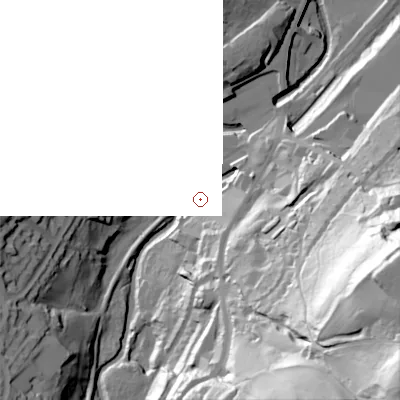 Shaded relief map of the ground around BD215FF, computed from Environment Agency LiDAR. and falls 111 m across the surrounding 800 m. Surface water reaching this point runs off ground lying to the south-east, 4.6 m higher.