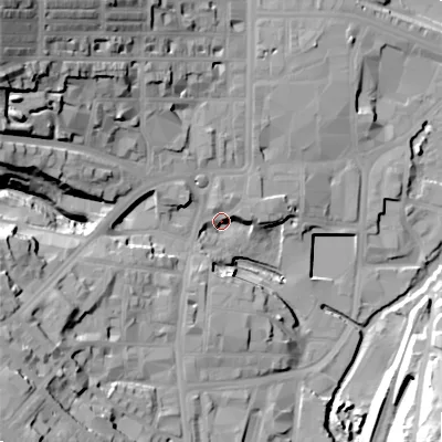 Shaded relief map of the ground around BD215HT, computed from Environment Agency LiDAR. The ground here sits at about 109 m above sea level and falls 52 m across the surrounding 800 m. Surface water reaching this point runs off ground lying to the north-west, 38.9 m higher.