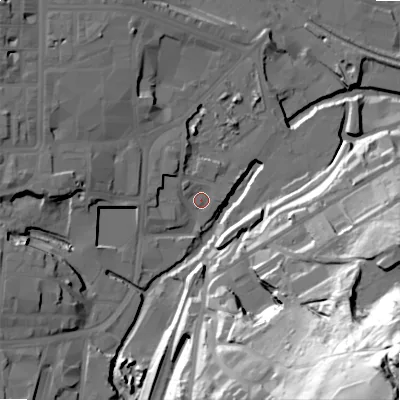 Shaded relief map of the ground around BD215JE, computed from Environment Agency LiDAR. The ground here sits at about 99 m above sea level and falls 97 m across the surrounding 800 m. Surface water reaching this point runs off ground lying to the north-west, 4.8 m higher.