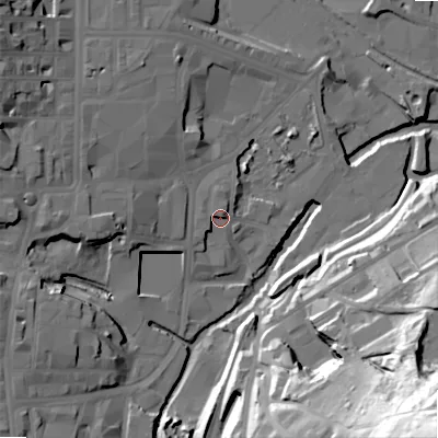 Shaded relief map of the ground around BD215JF, computed from Environment Agency LiDAR. The ground here sits at about 101 m above sea level and falls 87 m across the surrounding 800 m. Surface water reaching this point runs off ground lying to the north-north-east, 2.3 m higher.
