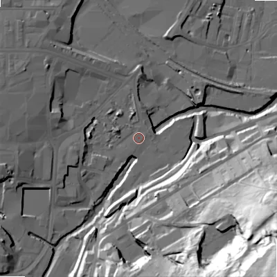 Shaded relief map of the ground around BD215JG, computed from Environment Agency LiDAR. The ground here sits at about 98 m above sea level and falls 102 m across the surrounding 800 m. Surface water reaching this point runs off ground lying to the west-north-west, 3.1 m higher.