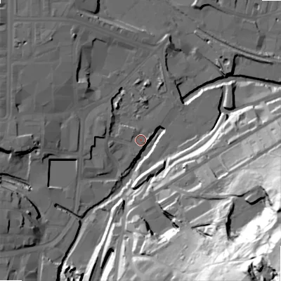 Shaded relief map of the ground around BD215JH, computed from Environment Agency LiDAR. The ground here sits at about 99 m above sea level and falls 104 m across the surrounding 800 m. Surface water reaching this point runs off ground lying to the south-east, 90.6 m higher.