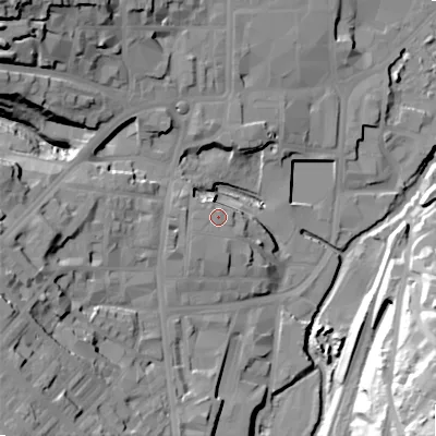Shaded relief map of the ground around BD215JJ, computed from Environment Agency LiDAR. The ground here sits at about 109 m above sea level and falls 53 m across the surrounding 800 m. Surface water reaching this point runs off ground lying to the west-south-west, 2.6 m higher.