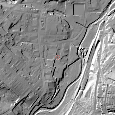 Shaded relief map of the ground around BD215JN, computed from Environment Agency LiDAR. The ground here sits at about 107 m above sea level and falls 62 m across the surrounding 800 m. Surface water reaching this point runs off ground lying to the south-south-west, 8.3 m higher.
