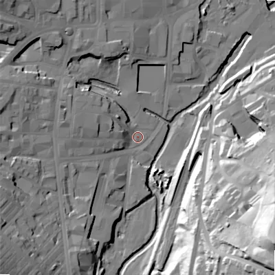 Shaded relief map of the ground around BD215JP, computed from Environment Agency LiDAR. The ground here sits at about 101 m above sea level and falls 86 m across the surrounding 800 m. Surface water reaching this point runs off ground lying to the south-west, 29.0 m higher.