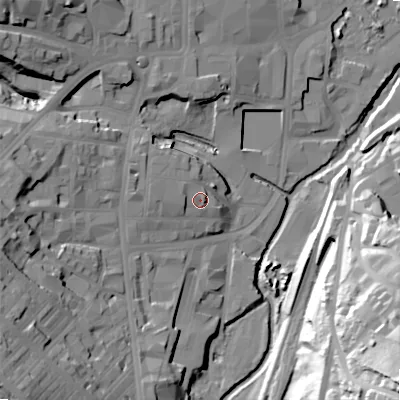 Shaded relief map of the ground around BD215JT, computed from Environment Agency LiDAR. The ground here sits at about 108 m above sea level and falls 67 m across the surrounding 800 m. Surface water reaching this point runs off ground lying to the west, 4.8 m higher.