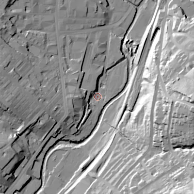 Shaded relief map of the ground around BD215LY, computed from Environment Agency LiDAR. The ground here sits at about 103 m above sea level and falls 65 m across the surrounding 800 m. Surface water reaching this point runs off ground lying to the west-south-west, 15.1 m higher.
