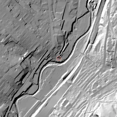 Shaded relief map of the ground around BD215LZ, computed from Environment Agency LiDAR. The ground here sits at about 107 m above sea level and falls 95 m across the surrounding 800 m. Surface water reaching this point runs off ground lying to the north-north-west, 12.3 m higher.