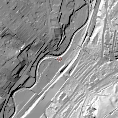 Shaded relief map of the ground around BD215NA, computed from Environment Agency LiDAR. The ground here sits at about 108 m above sea level and falls 105 m across the surrounding 800 m. Surface water reaching this point runs off ground lying to the south, 45.1 m higher.