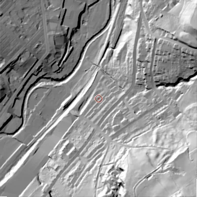 Shaded relief map of the ground around BD215ND, computed from Environment Agency LiDAR. The ground here sits at about 123 m above sea level and falls 126 m across the surrounding 800 m. Surface water reaching this point runs off ground lying to the south, 8.2 m higher.